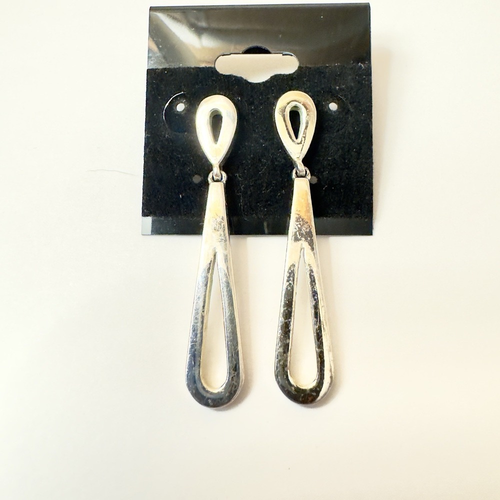 Vintage Sterling Silver Signed Modernist Teardrop Dangle Earrings 2" Artisan